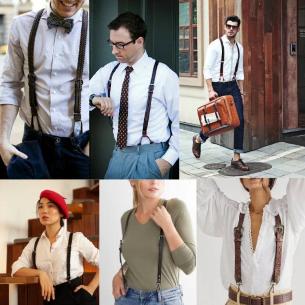 UNISEX genuine braided black leather suspenders - size 90